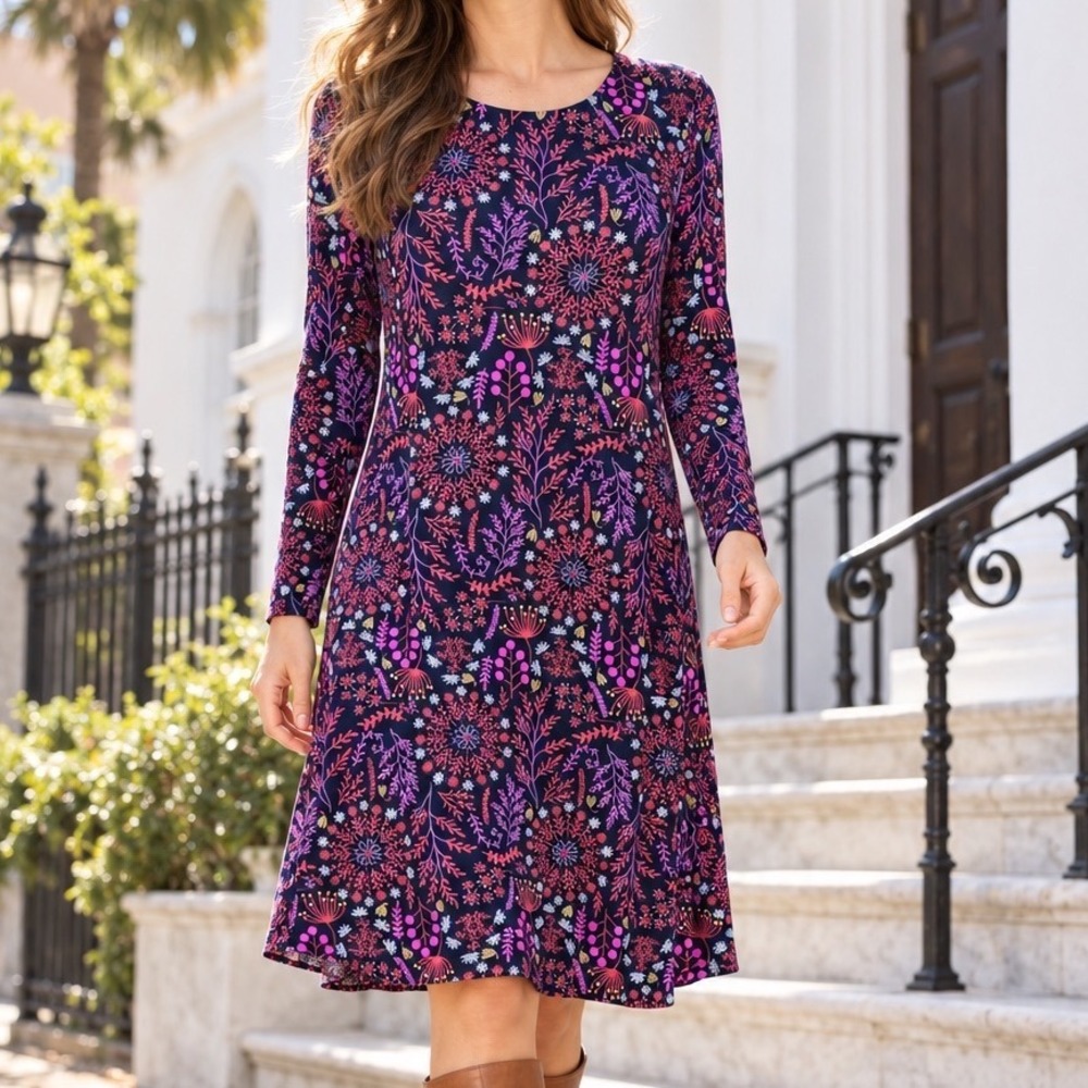 Matilda Jane Womens Floral Modal Long Sleeve Swing Dress Navy Pink Purple M O1